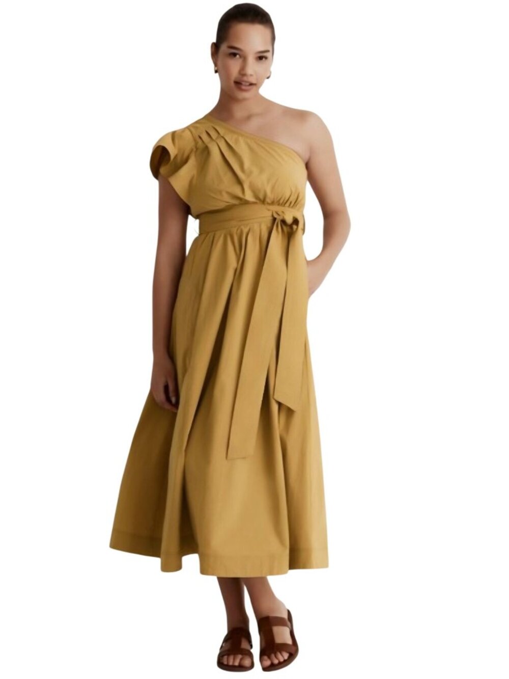 Madewell NWT Ruffled One Shoulder Midi Dress Olive Surplus 2023 Size 10